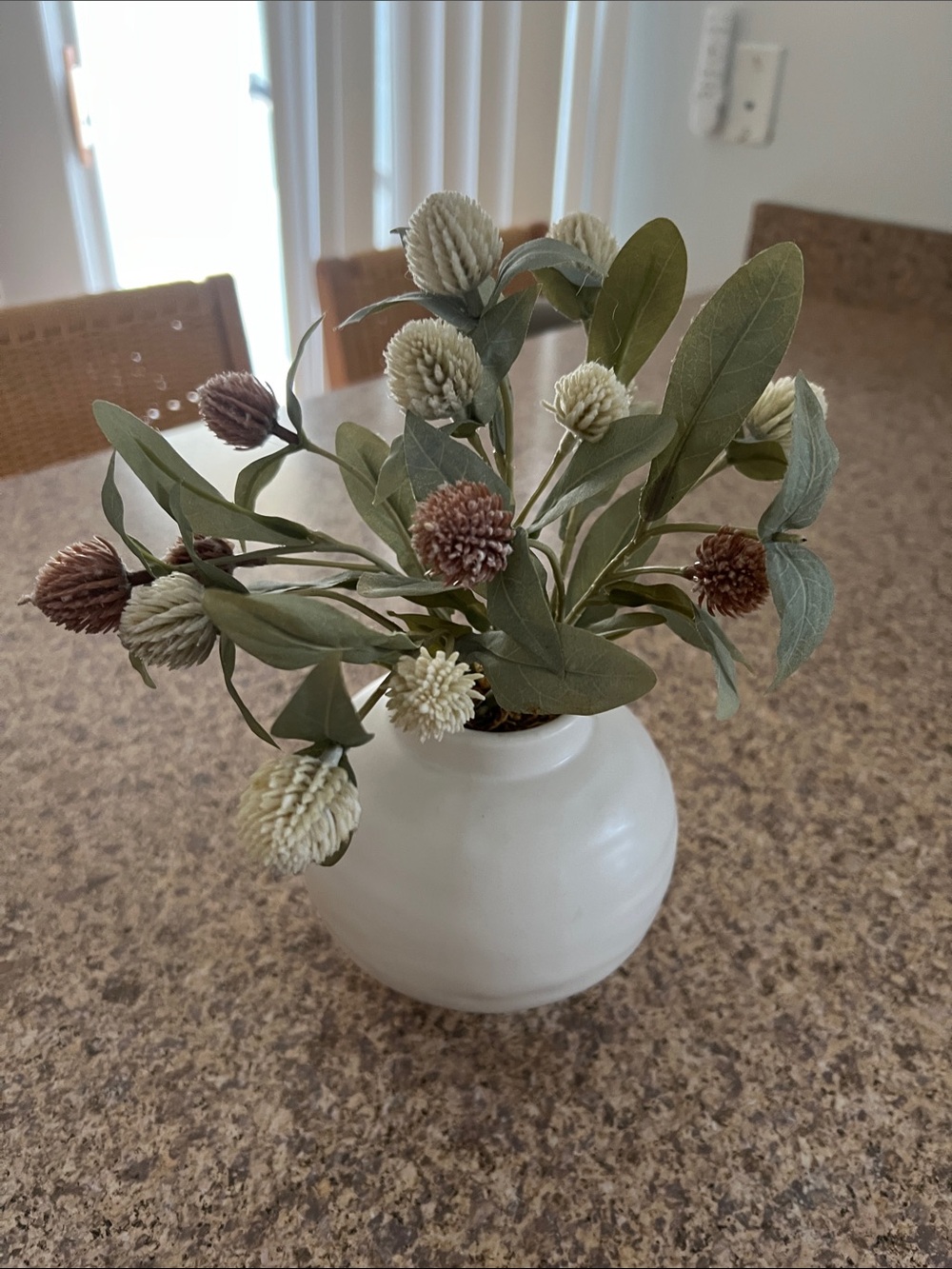 Neutral White Ceramic Vase with Green and Brown Faux Floral Arrangement